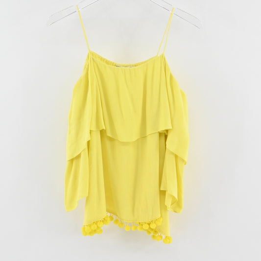 ALICE OLIVIA Womens Meagan Top Size S Yellow Cold Shoulder Pom Pom Trim Blouse