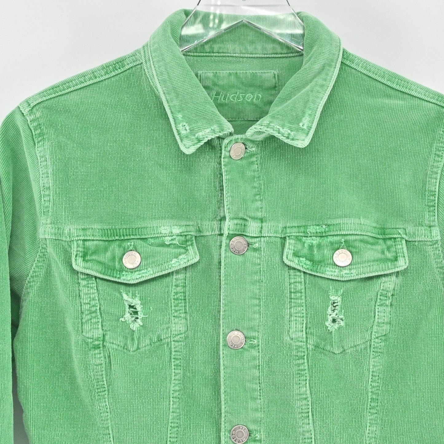 Vtg HUDSON Womens Trucker Jacket Size S Green Corduroy Distressed Made in USA