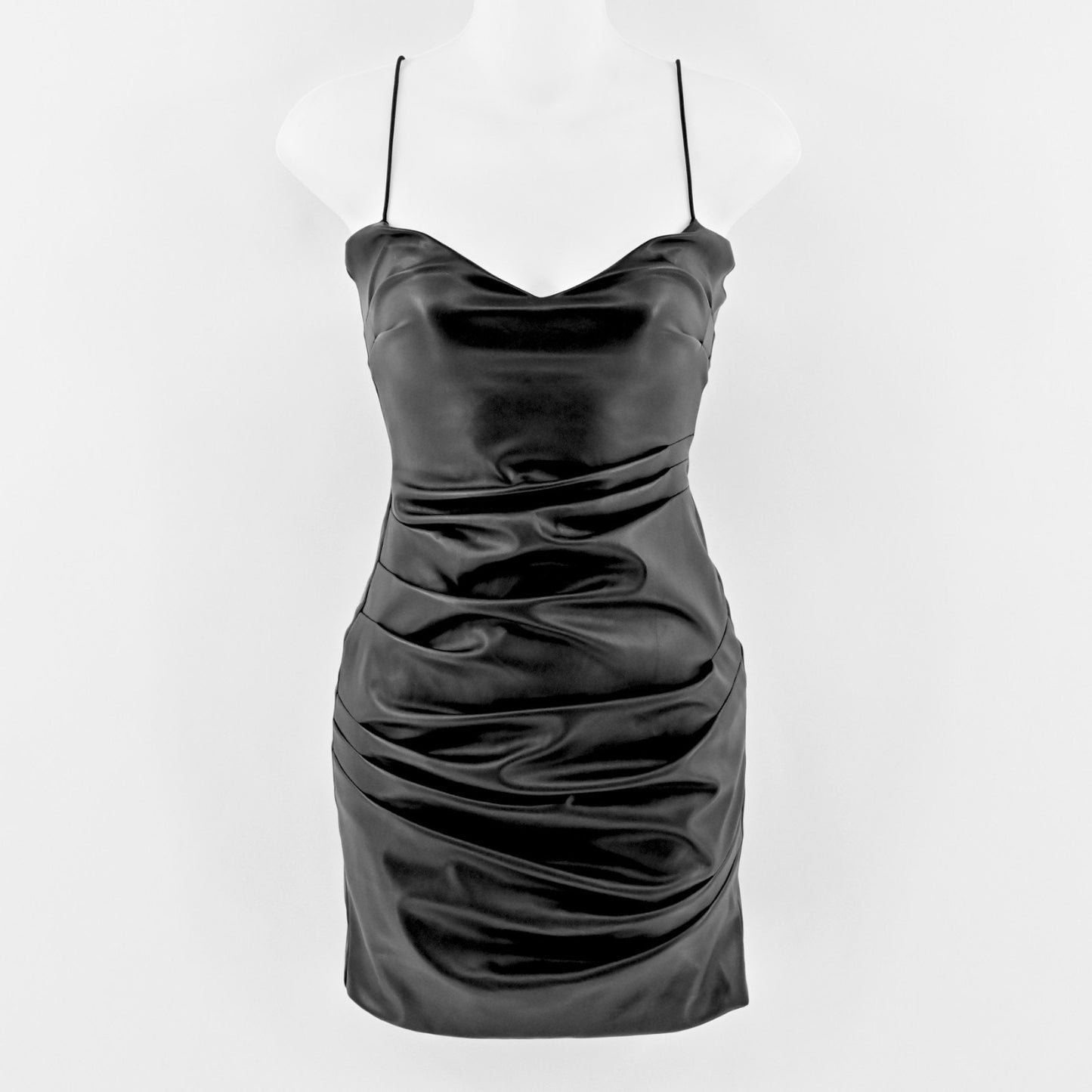 Nookie Rhea Black Faux Leather Mini Dress Size XS Sleeveless Ruched Bodycon