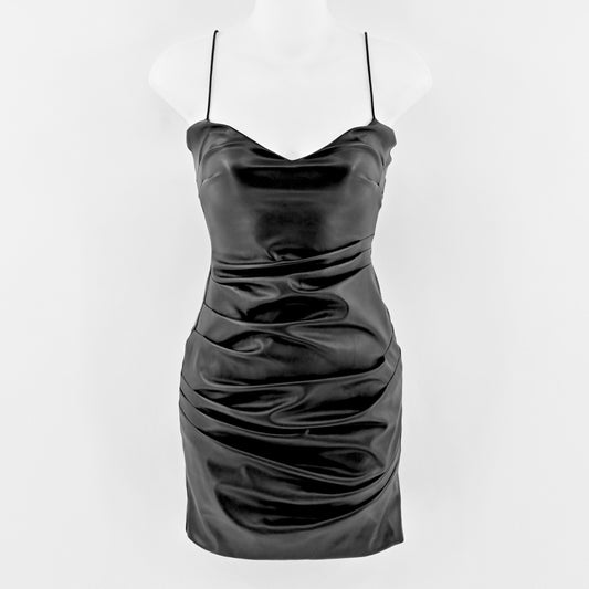 Nookie Rhea Black Faux Leather Mini Dress Size XS Sleeveless Ruched Bodycon
