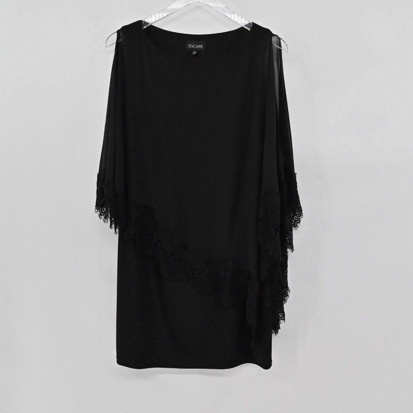 XSCAPE Dress Women Sz 4 Black Lace Trim Chiffon Cold Shoulder Shawl Style Sheath