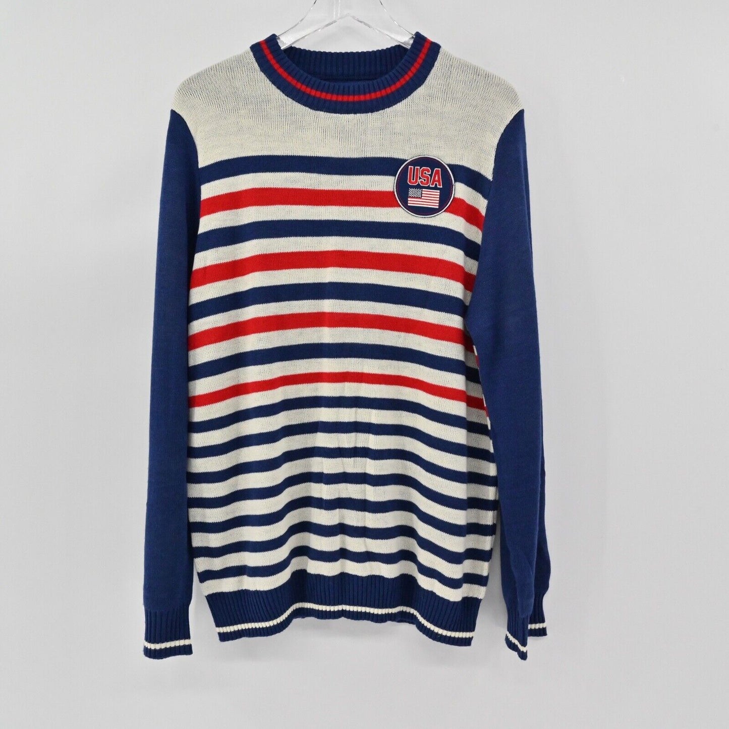 TIPSY ELVES Sweater Mens Sz L Striped USA Flag Crew Neck Retro Preppy Sportswear