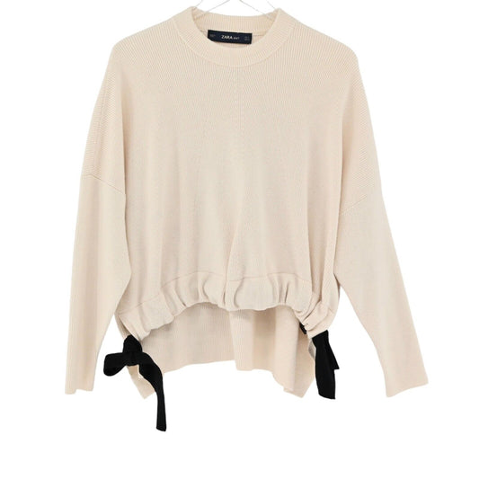 ZARA Sweater Womens Size S Ivory Black Bow Cinch Ribbed Knit Crew Neck Coquette
