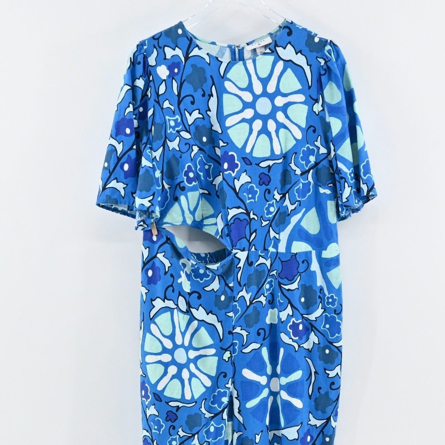 RHODE Jumpsuit Womens Size XXL Target Zinnia Blue Print Bell Sleeve Cut Out