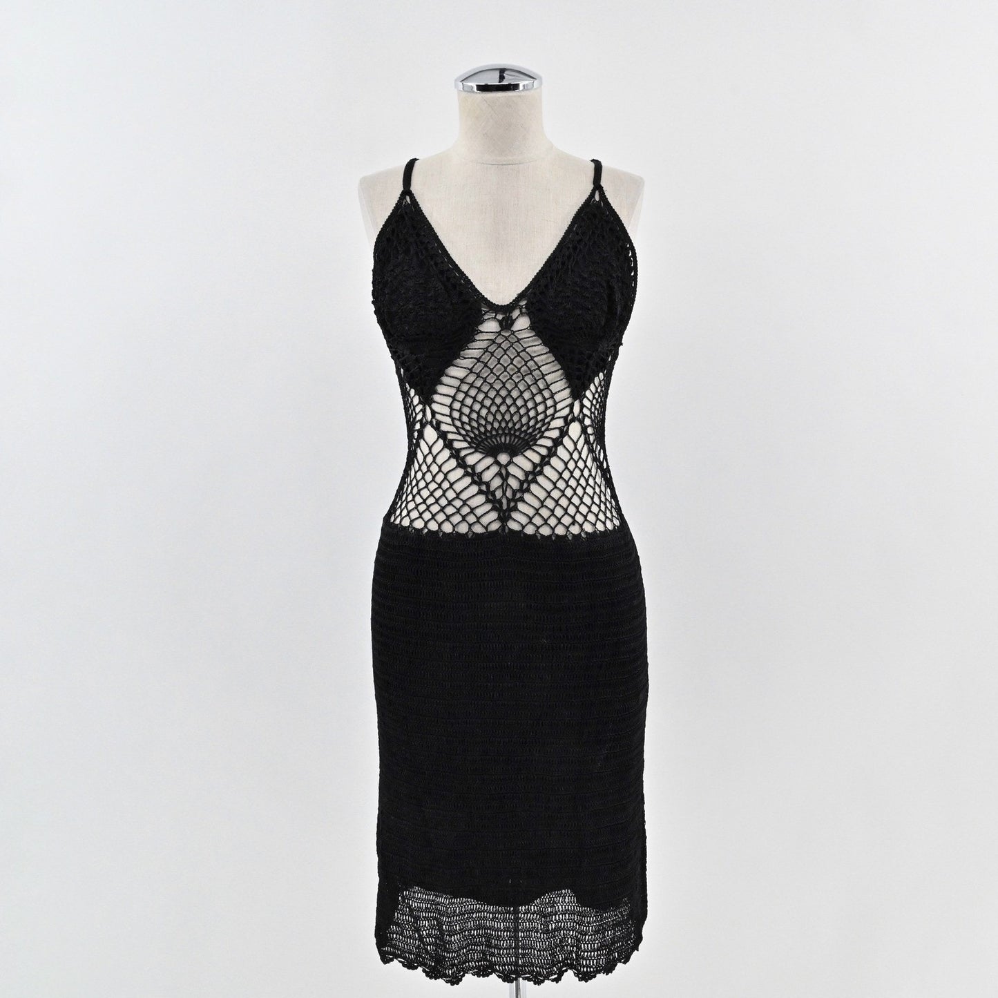 Vtg 90s Carabella Collection Sheer Crochet Dress Sz L Black Grunge Goth Festival