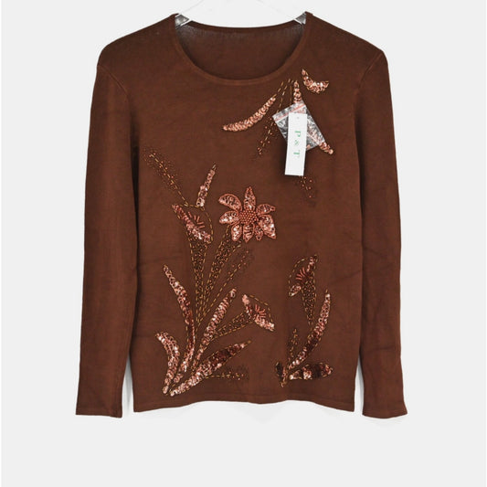 Vtg Y2k Sequin Floral Sweater Womens Size XS Brown Knit Beaded Hippie Dead Stock