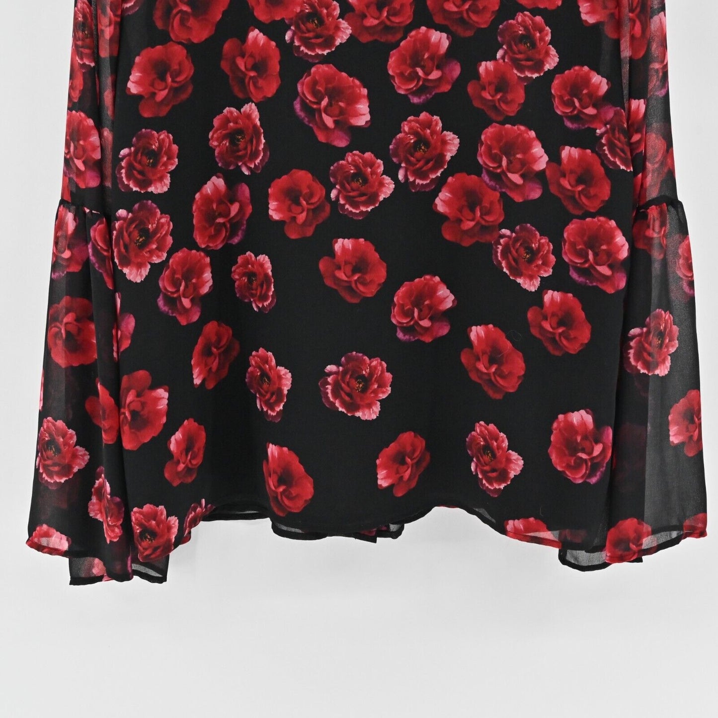 KARL LAGERFELD Top Womens Size L Red Black Floral Bell Sleeve Blouse Chiffon