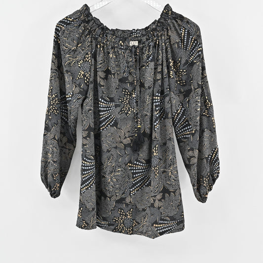 PAANI Top Womens Size S Black Geometric Floral Print Tassel Tie Boho Blouse