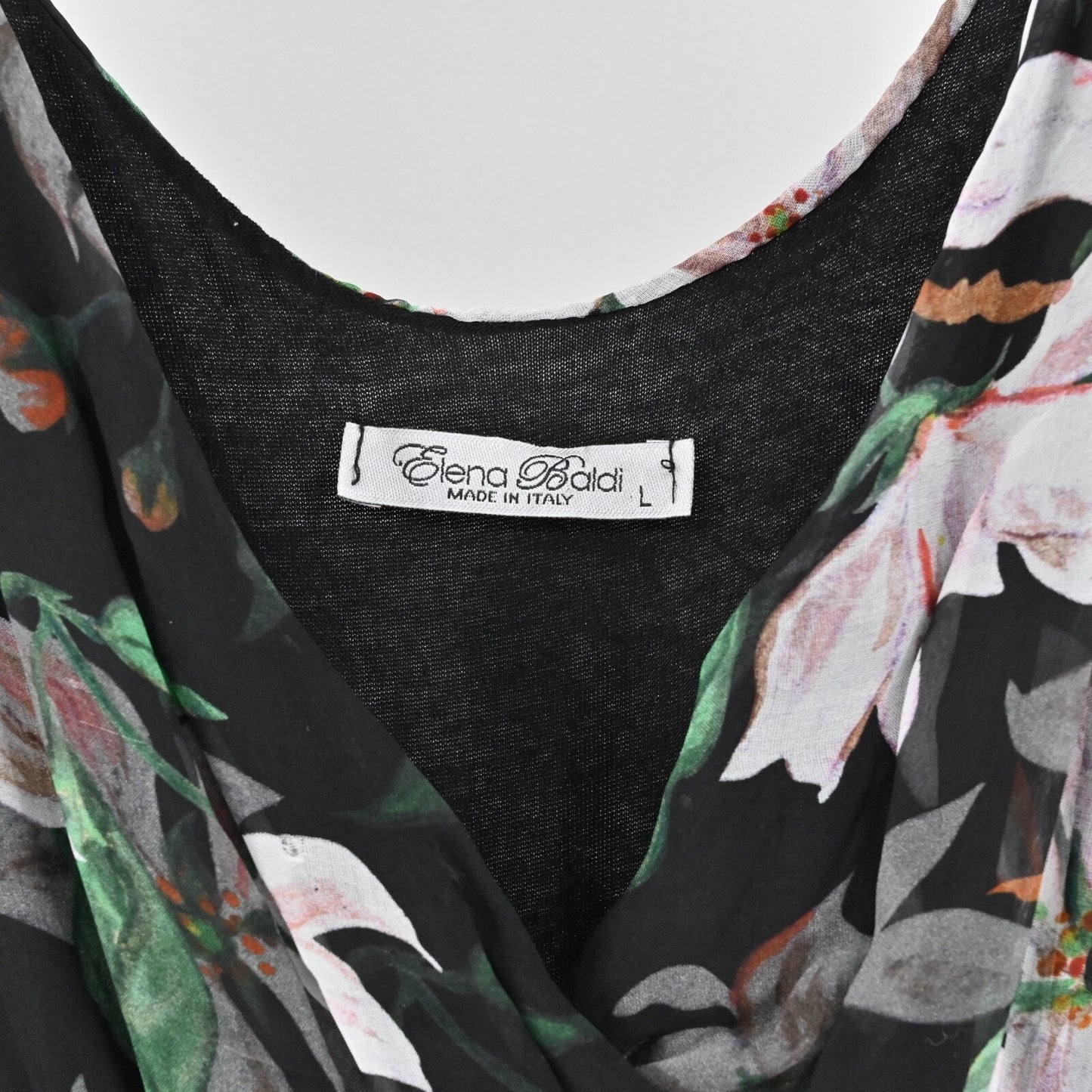 ELENA BALDI Silk Maxi Dress Size L Black Floral Chiffon Sleeveless V Neck Italy