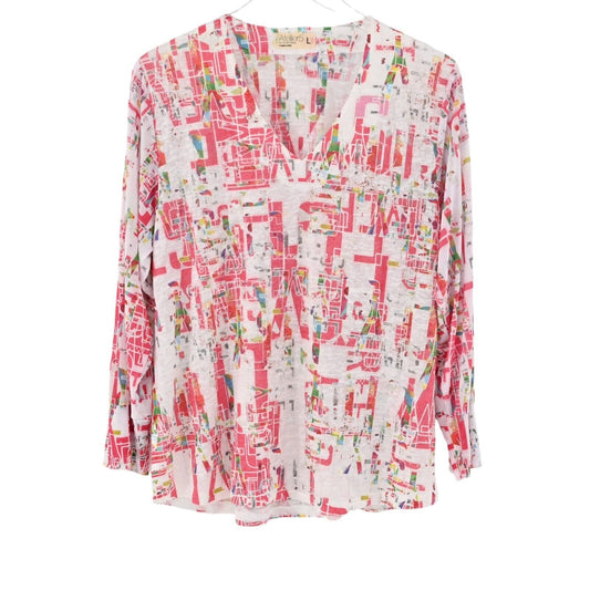 ATELIER5 Top Womens Sz L Multicolor VNeck Abstract Print Knit Long Sleeve Blouse