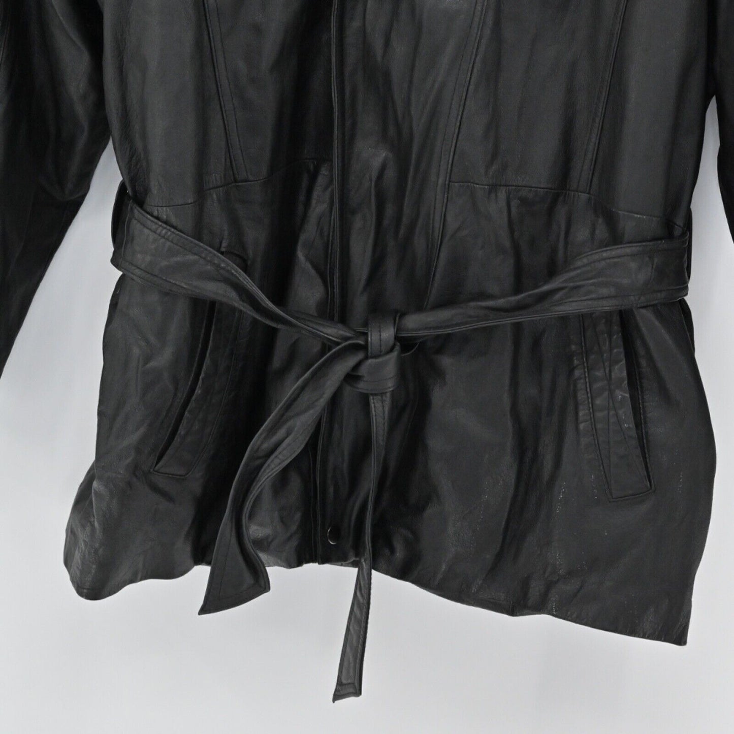 Vtg WILSONS Leather Coat Mens L Black Removable Hood Belted Faux Fur Lined 80s