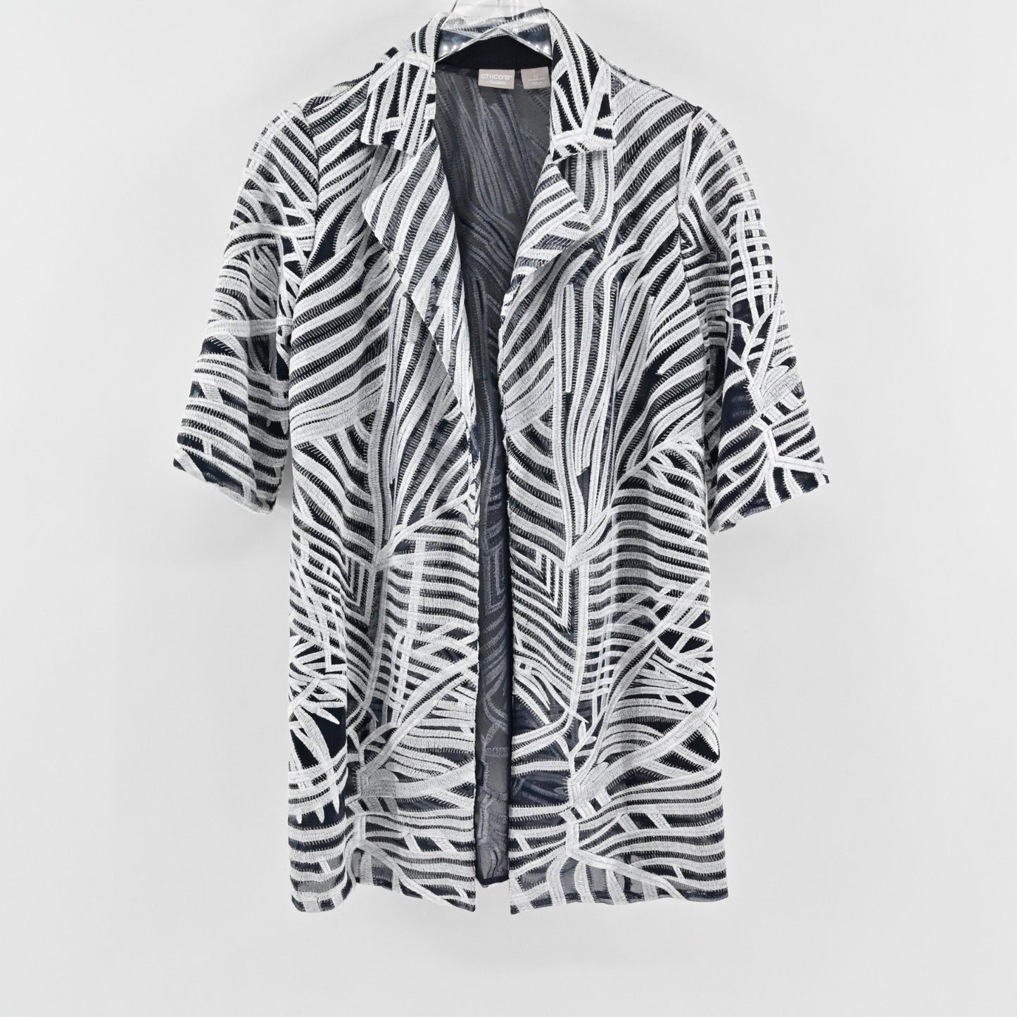 Chicos Womens Travelers Open Front Jacket Size S Navy Silver Embroidered Print