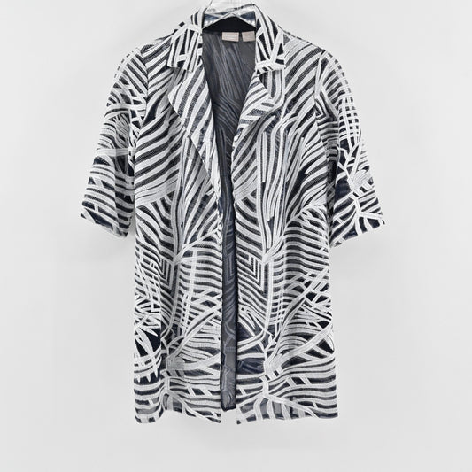 Chicos Womens Travelers Open Front Jacket Size S Navy Silver Embroidered Print