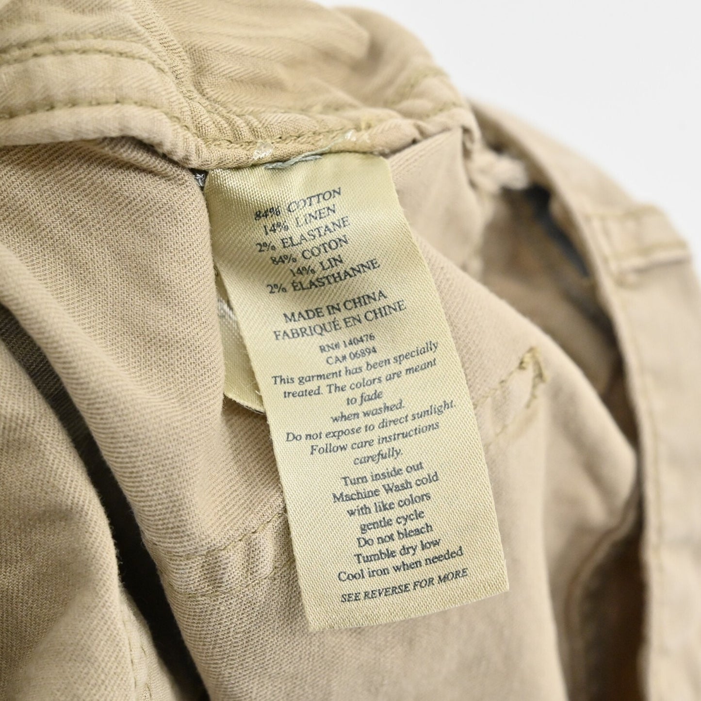 FAHERTY Mens Khaki Pants Size 34 Gorpcore Chino Slim Straight Leg Linen Casual