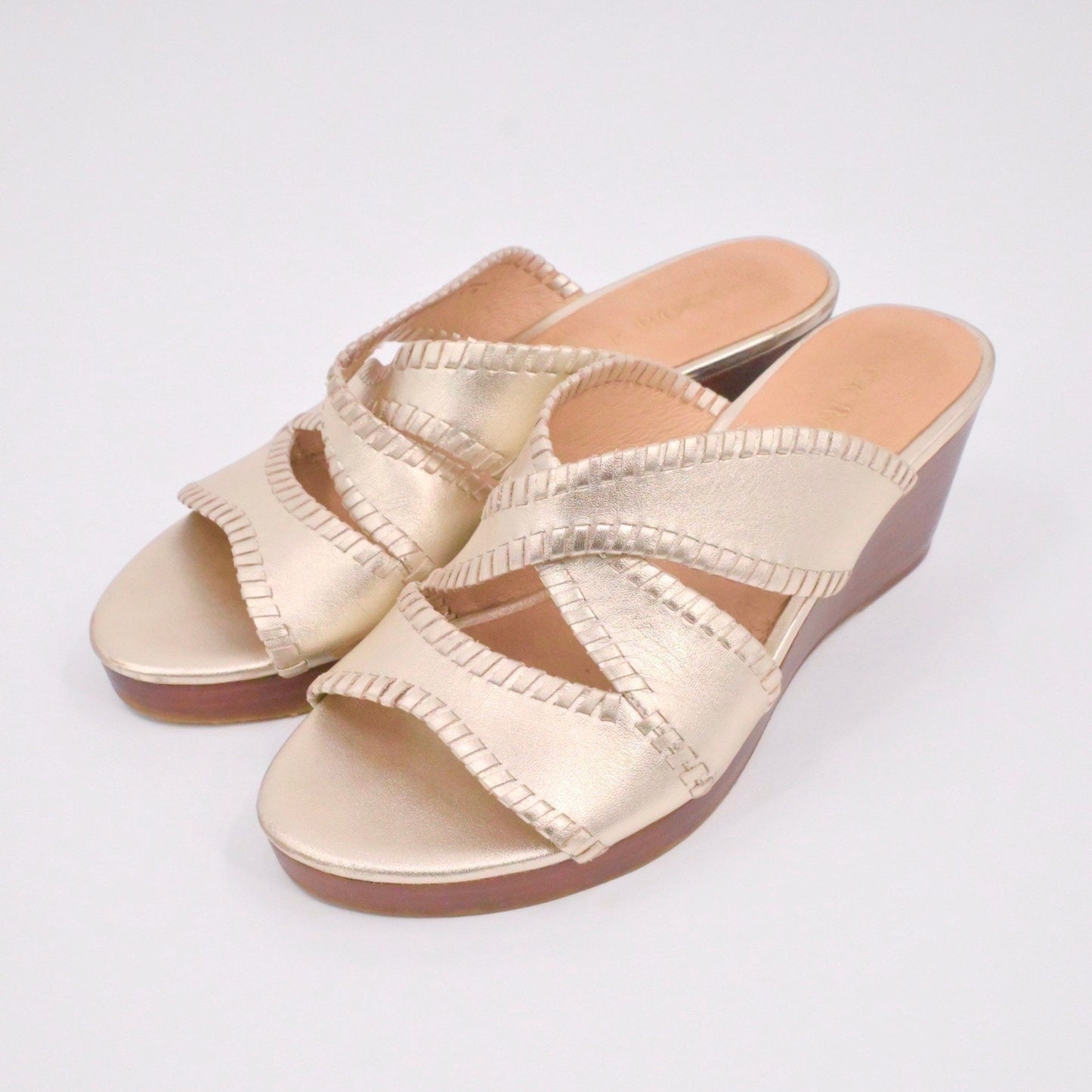 Jack Rogers Womens Jackie Midi Wedges Sandals Sz 8 Gold Metallic Leather Slip On