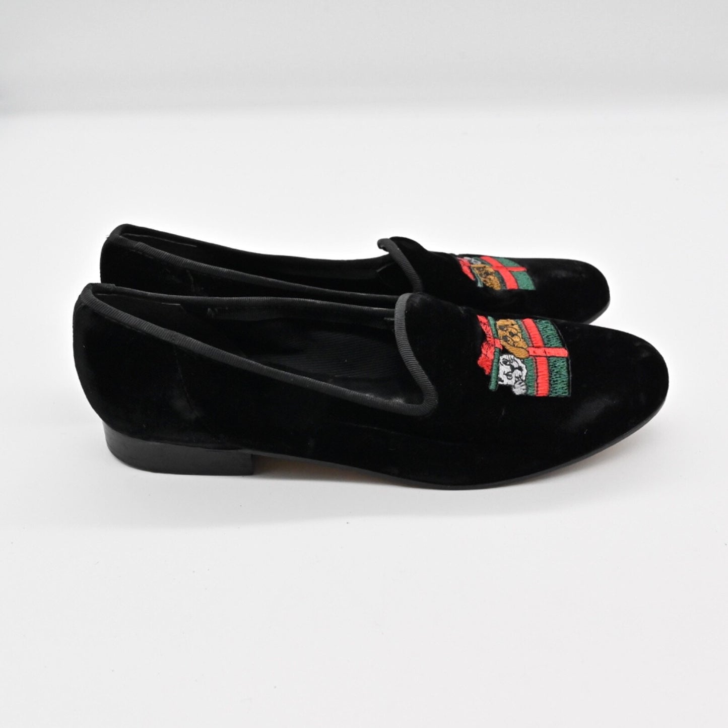 Vtg ZALO Womens Embroidered Holiday Flats Sz 7 Black Velvet Cat DogFestive 90s