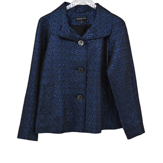 JONES NEW YORK Jacket Womens Sz S Blue Metallic Quilted Herringbone Button Front