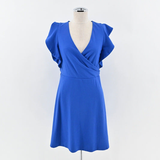 H by HALSTON Dress Sz 6 Blue Ruffle Flutter Sleeve Faux Wrap V Neck Jersey Shift