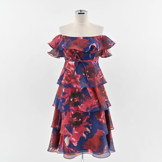 RICKIE FREEMAN TERI JON Tiered Cocktail Dress Sz 6 Blue Floral Off The Shoulder