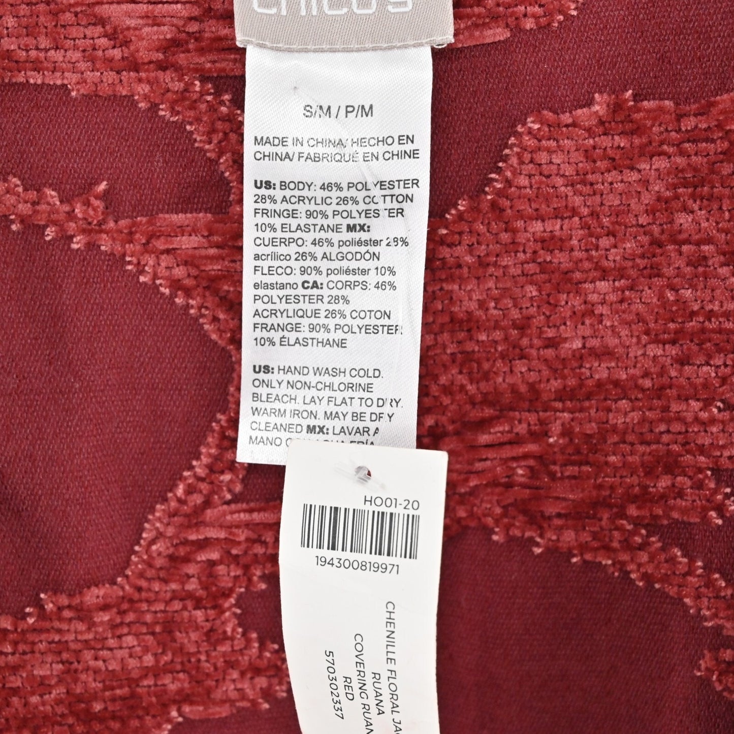 CHICOS Ruana Wrap Womens Size S/M Chenille Floral Jacquard Red Fringe Trim NEW