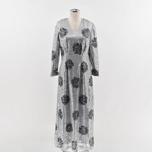True Vintage 60s Sequin Dress Size S Silver Floral Glitzy Glamourous Long Sleeve