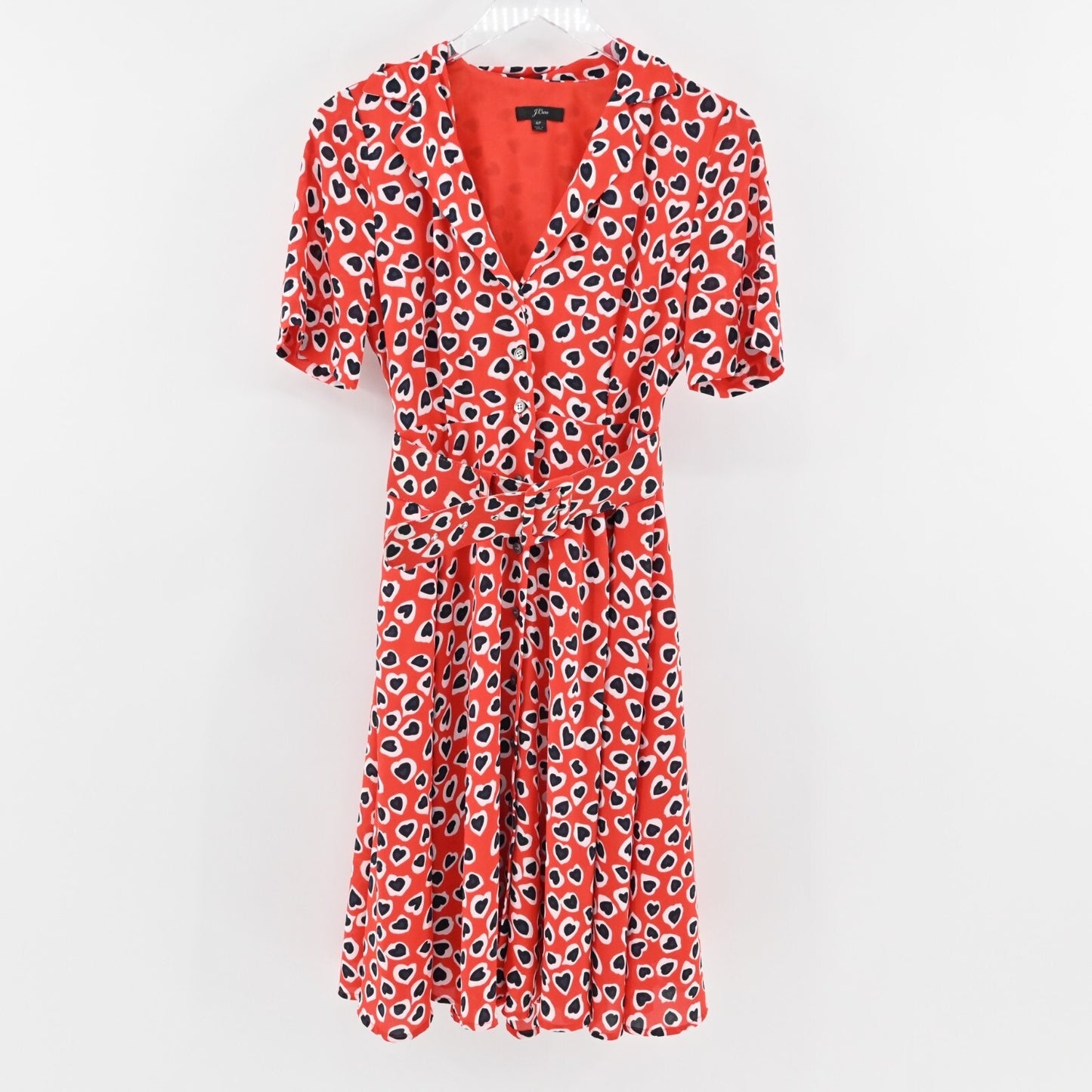 J CREW Dress Size 4P Rudbeckia Red Heart Print Collared Belted Midi A Line