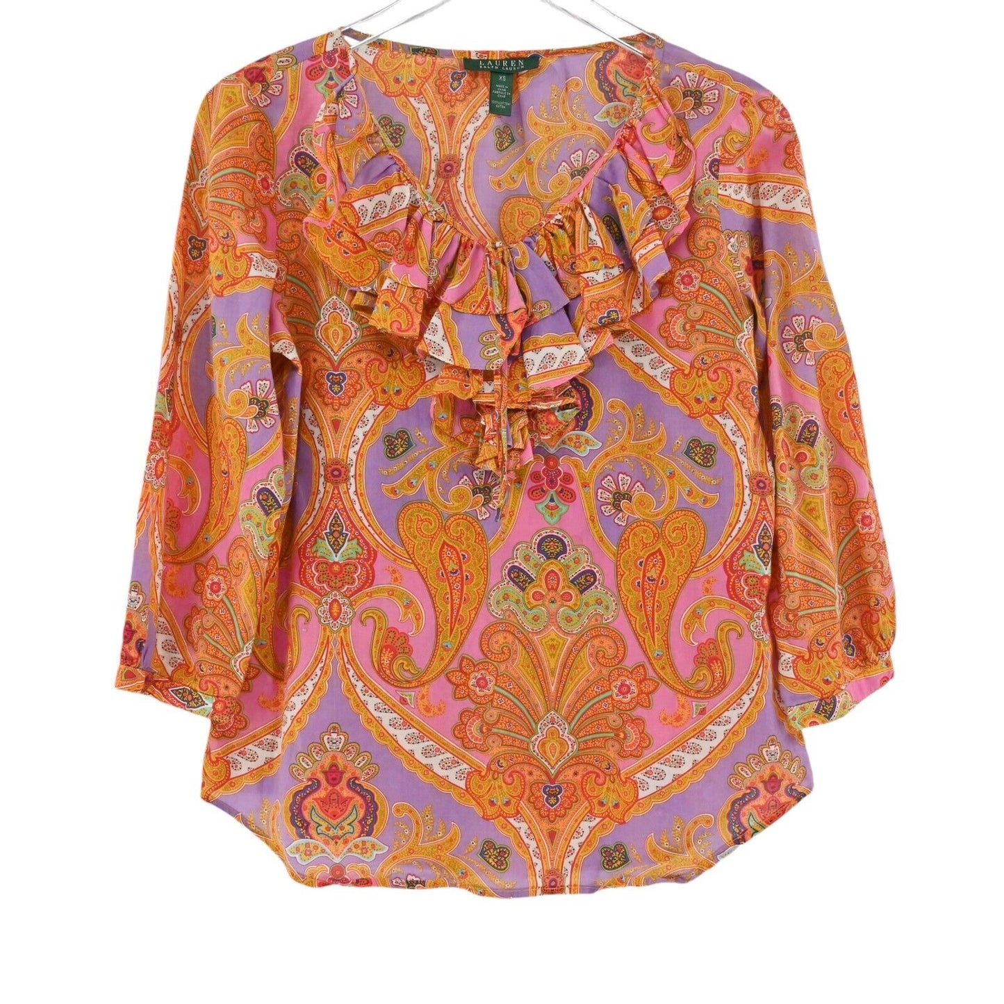 Vtg LAUREN RALPH LAUREN Top Womens Sz XS Paisley Cotton Ruffle Peasant Boho 00s