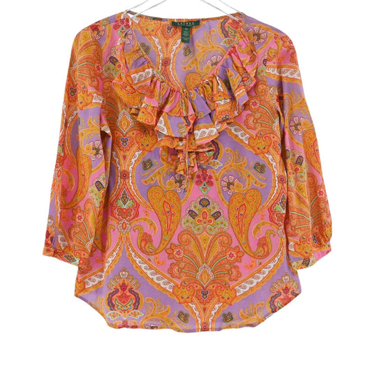 Vtg LAUREN RALPH LAUREN Top Womens Sz XS Paisley Cotton Ruffle Peasant Boho 00s