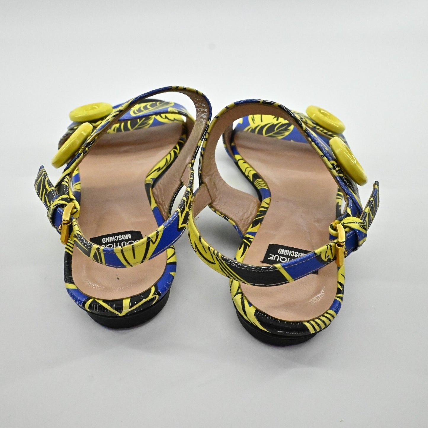 MOSCHINO Sandals Womens Size 35 Boutique Blue Yellow Leaf Print Strappy Shoe