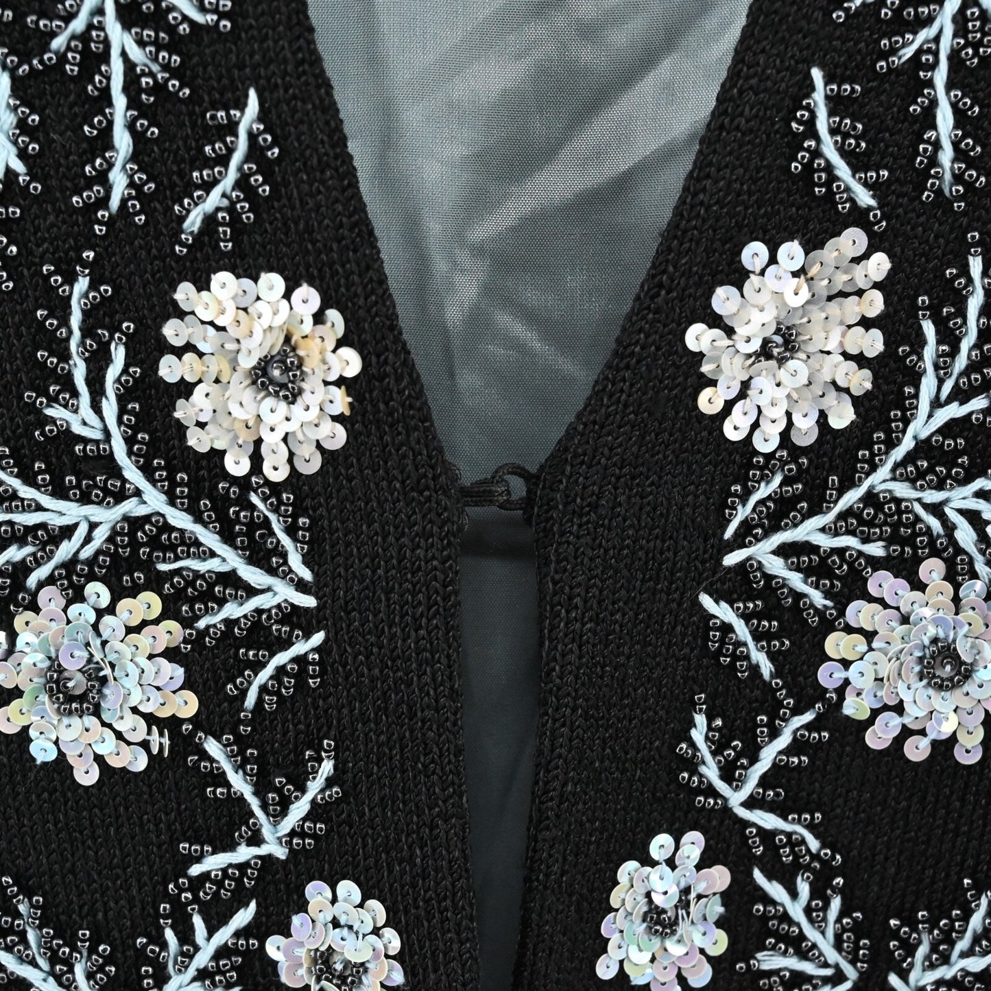 SIGRID OLSEN Womens Beaded Jacket Sz XL Black Sequin Floral Trim Knit Cardigan