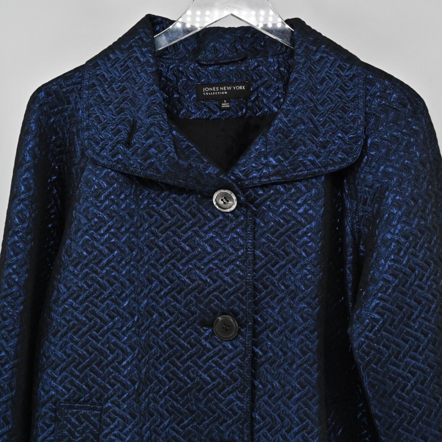 JONES NEW YORK Jacket Womens Sz S Blue Metallic Quilted Herringbone Button Front
