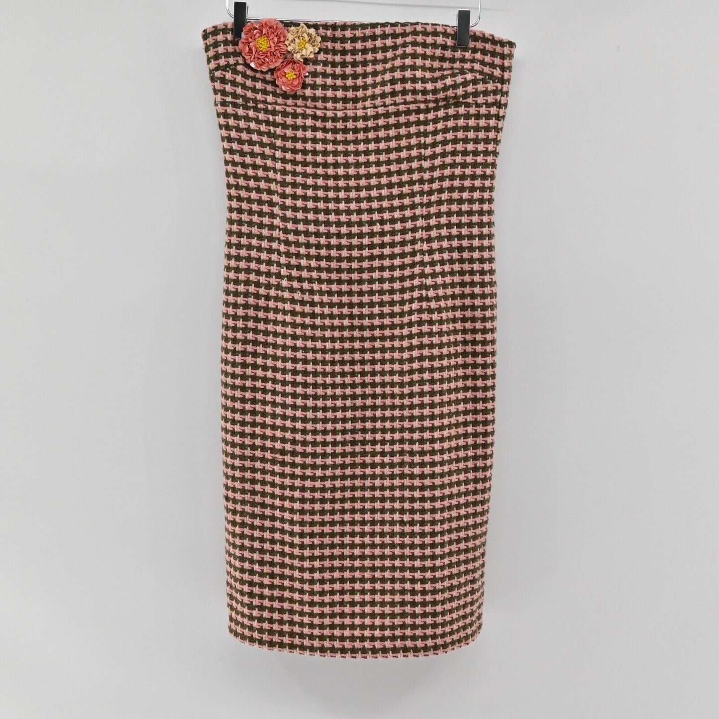 Vtg RUTH Dress Womens Sz 10 Strapless Wool Brown Pink Flower Detail Houndstooth