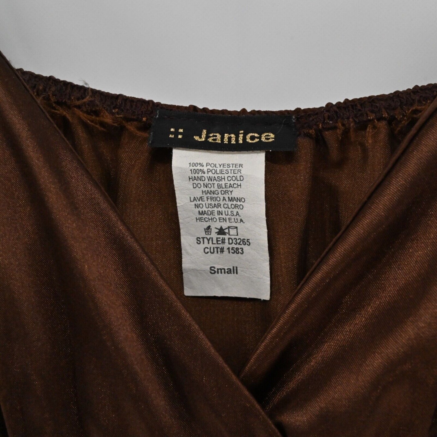 Vtg JANICE Dress Womens Sz S Brown Teal Geometric Satin Jeweled Empire Waist Y2k