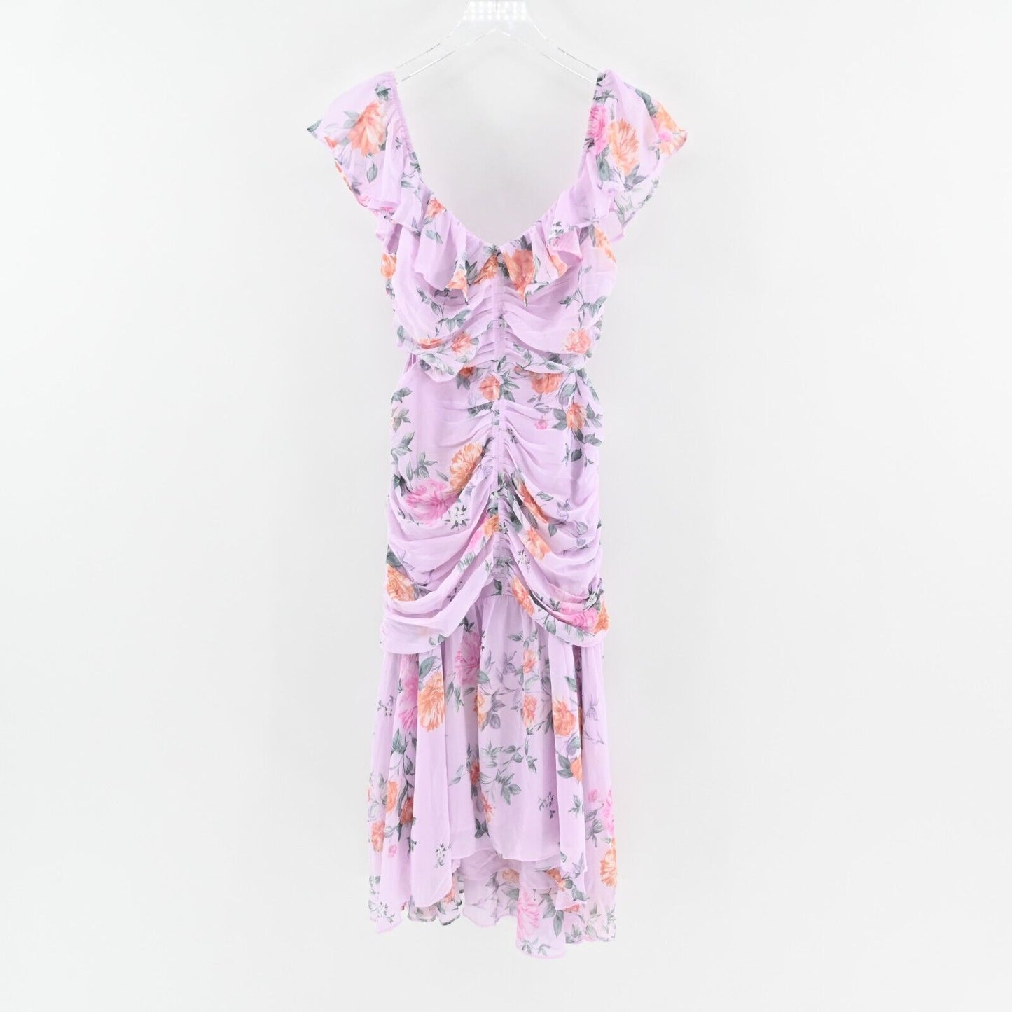 ASTR Dress Size M Devereaux Midi Cut Out Side Draped Pink Multi Floral Lavender