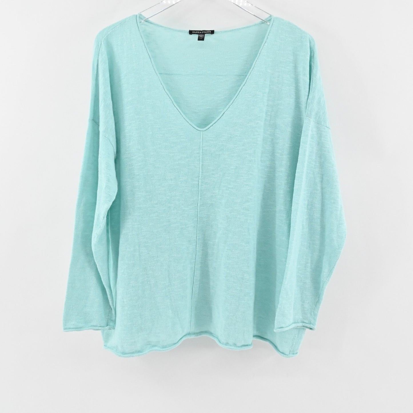 EILEEN FISHER WomensSlubby Sweater Sz L VNeck Long Sleeve Aqua Blue Green Top