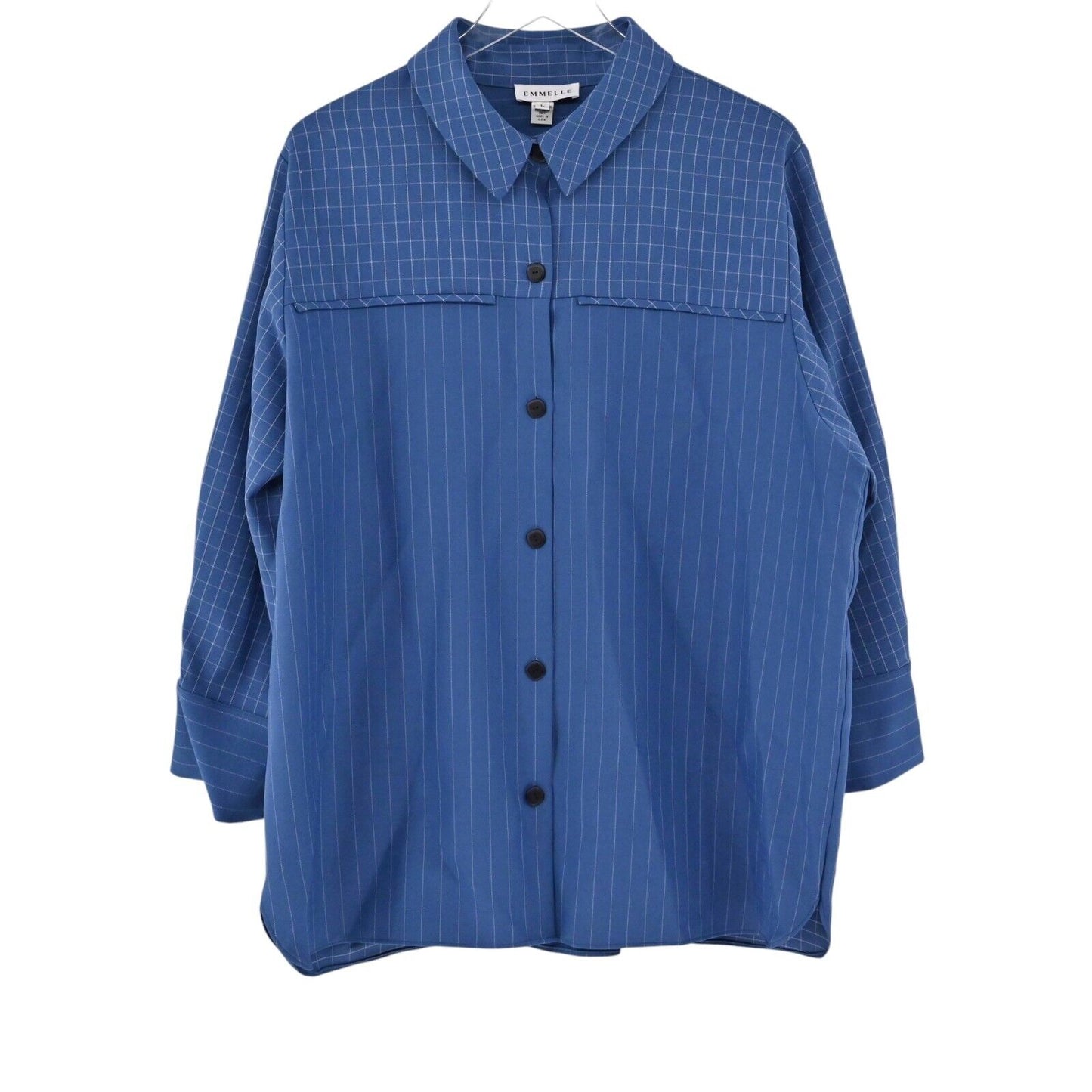 EMMELLE Top Womens Size L Blue Pinstripe Long Sleeve Oversized Button Up Shirt