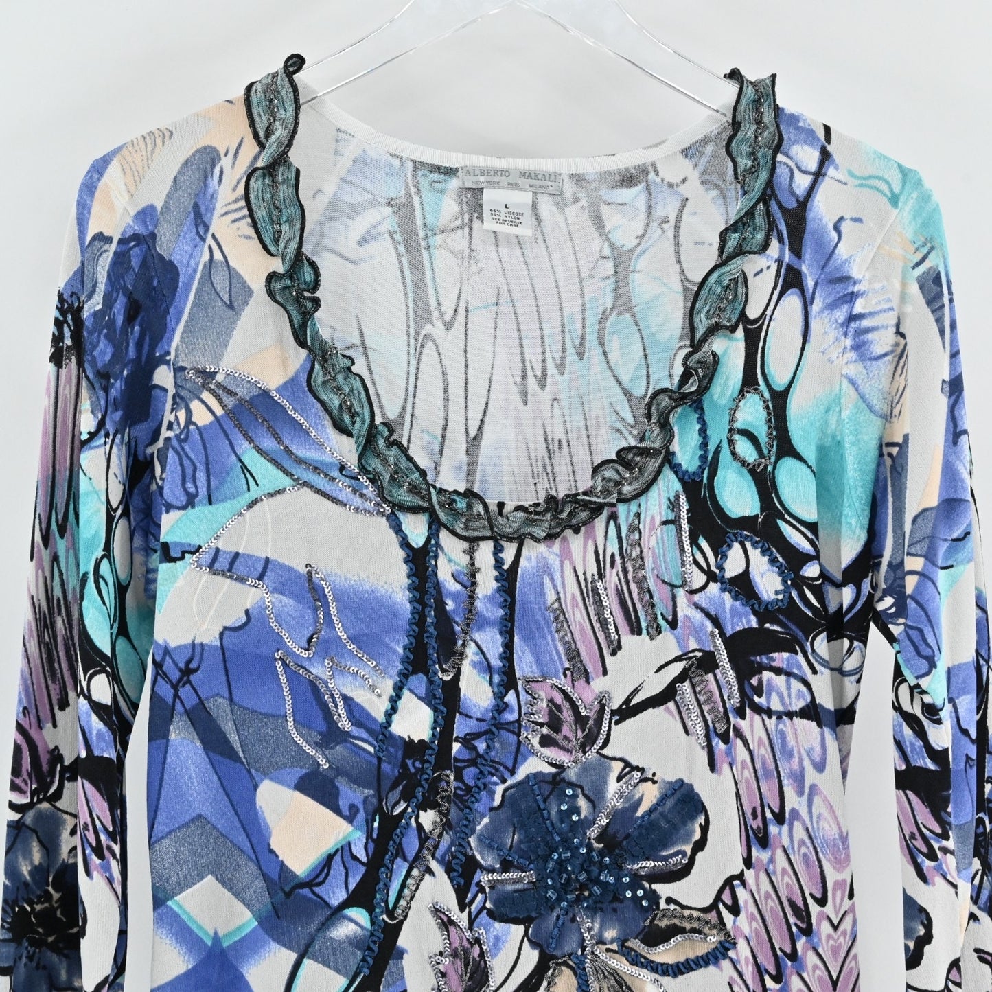 Alberto Makali Womens Ruffle Sequin Sweater Size L Blue Floral Art To Wear Bold