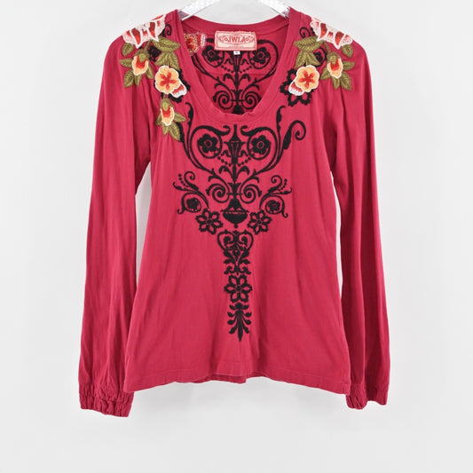 JOHNNY WAS Top Womens Size S Red Floral Embroidered JWLA Scoop Neck Long Sleeve