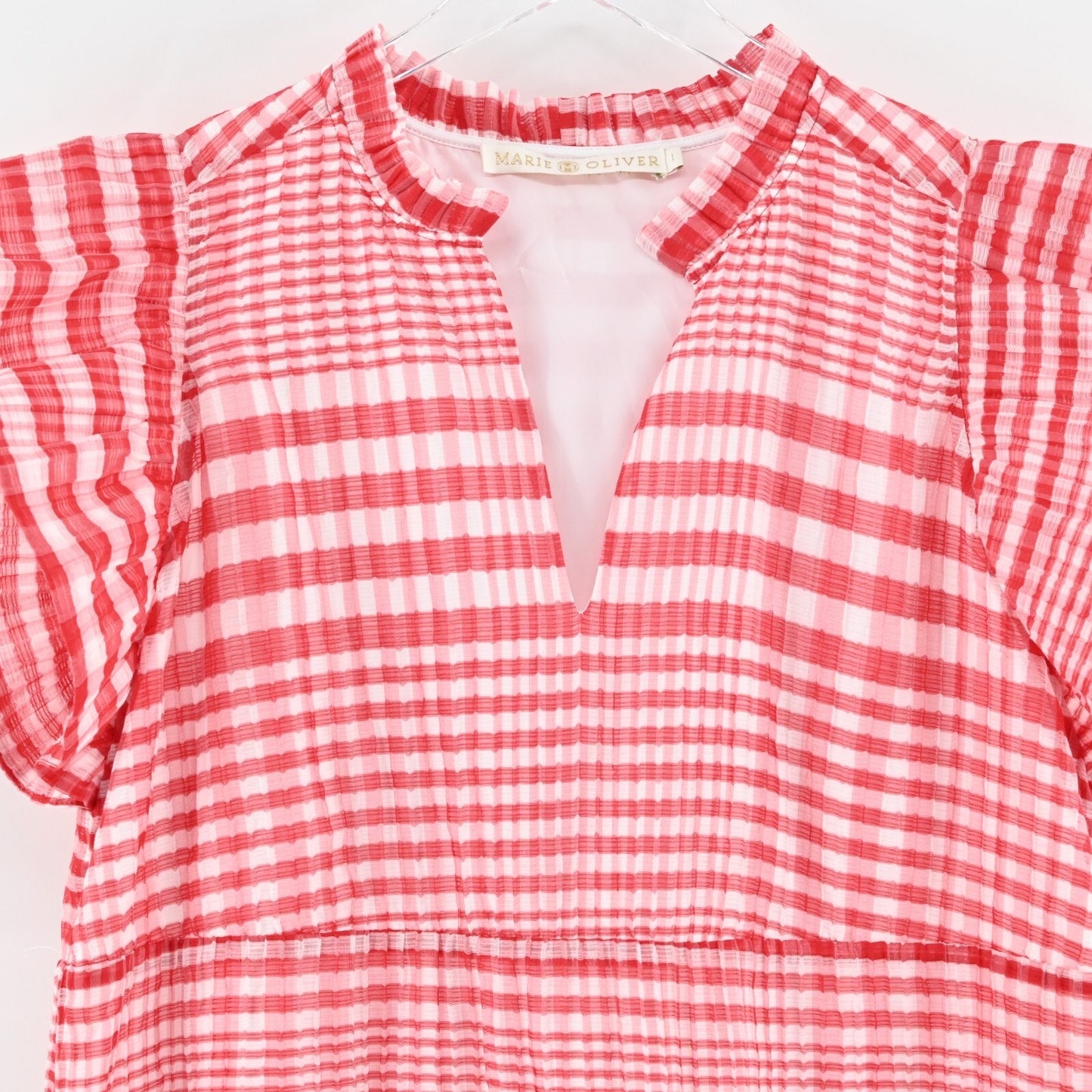 MARIE OLIVER Bay Mini Cherry Dress Size L Red Check Silk Blend Ruffle Flutter