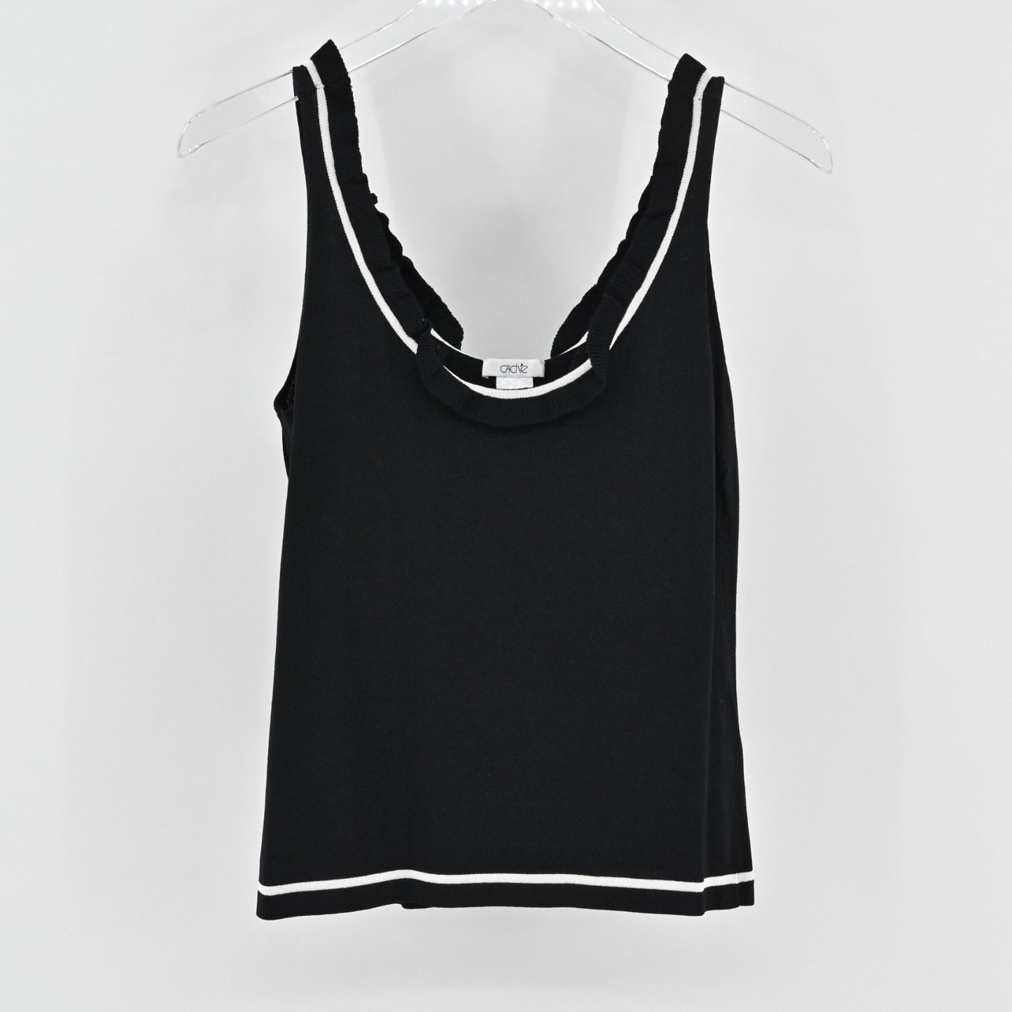 Vtg Cache Womens Knit Black Sleeveless Top Size S Ruffle Neck White Trim Blouse