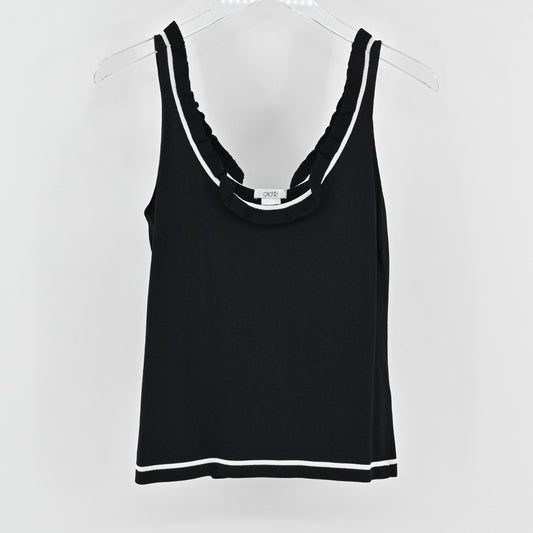 Vtg Cache Womens Knit Black Sleeveless Top Size S Ruffle Neck White Trim Blouse