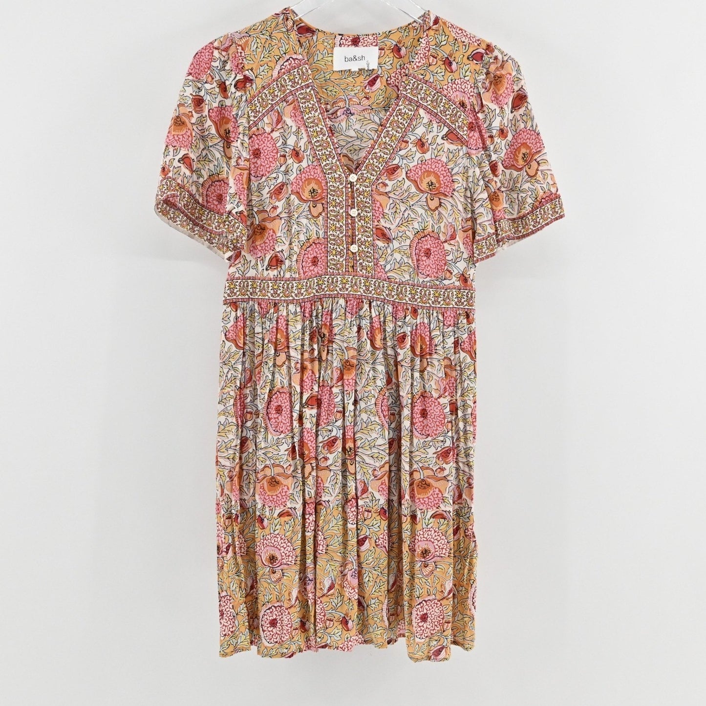 BASH Valia Dress Sz S Ocre Floral Bohemian Feminine Whimsical Romantic Ethereal