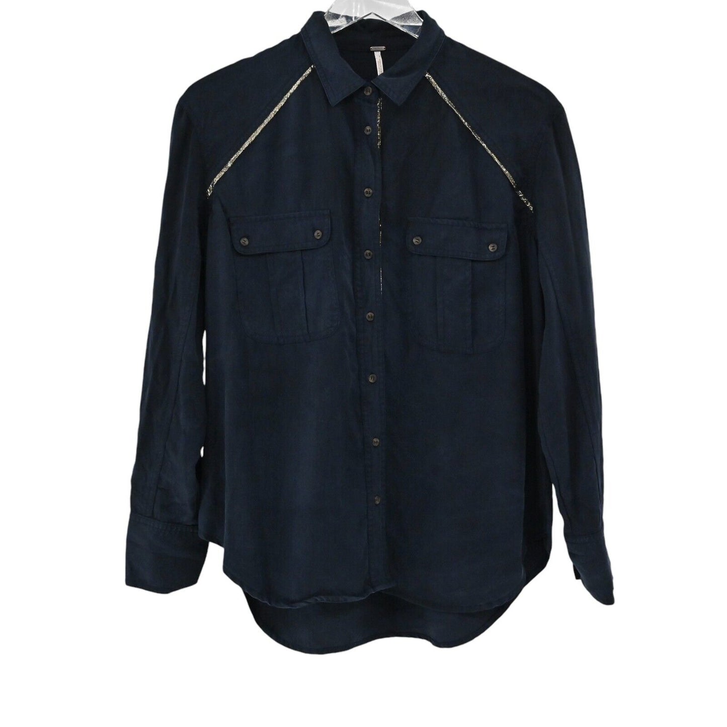 FREE PEOPLE Top Womens Sz S Off Campus Metallic Shimmer Navy Button Down Blouse