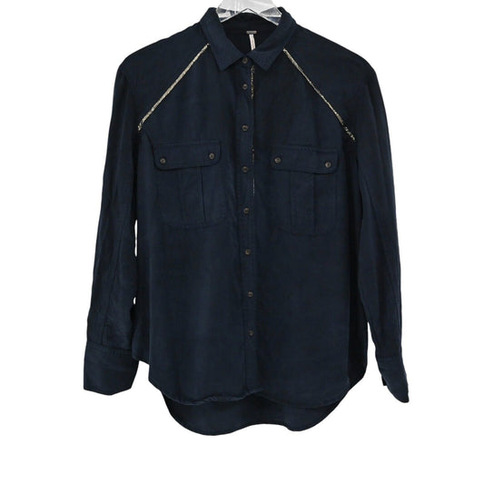 FREE PEOPLE Top Womens Sz S Off Campus Metallic Shimmer Navy Button Down Blouse