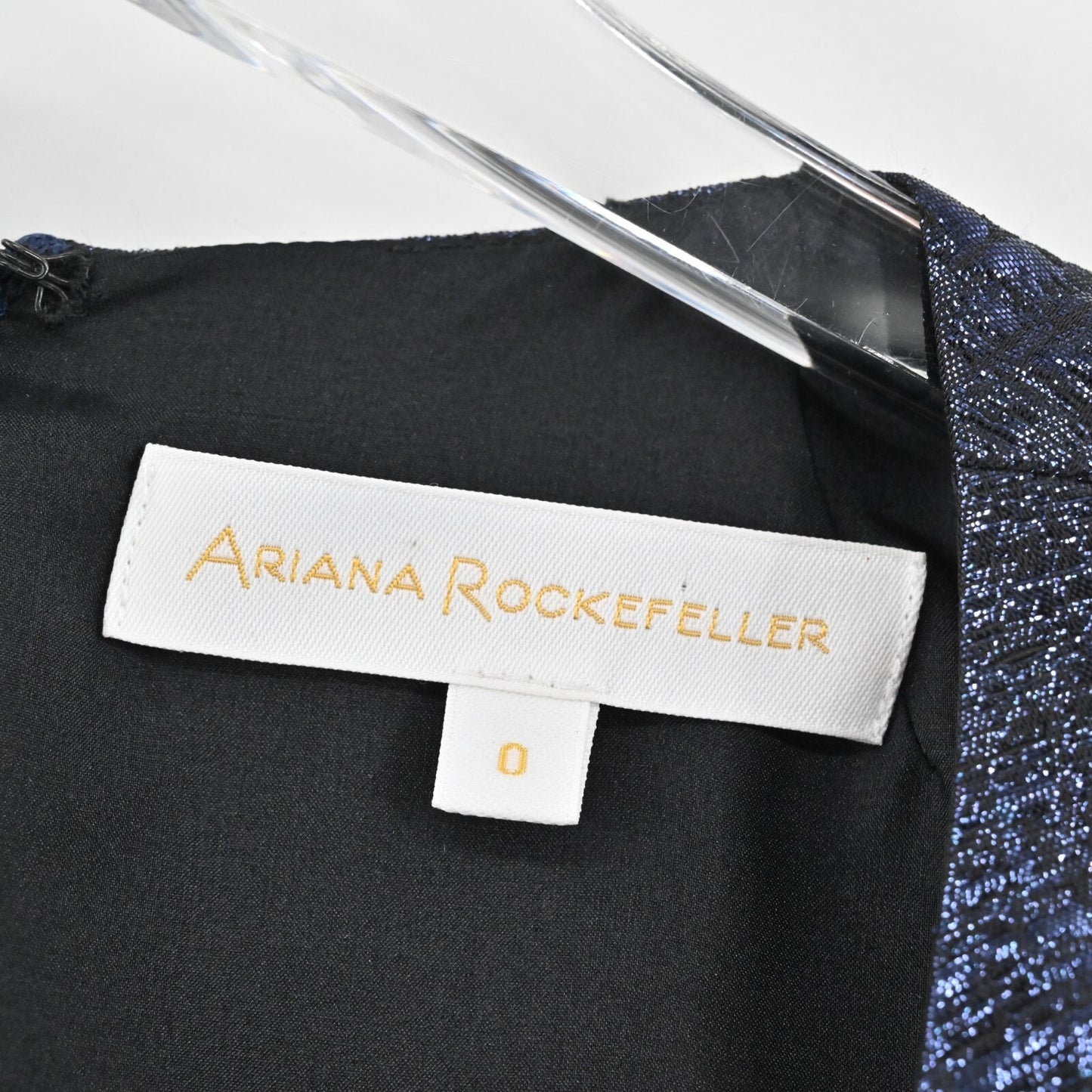 ARIANA ROCKEFELLER Dress Size 0 Silk Black Blue Metallic Long Sleeve Shift Silk