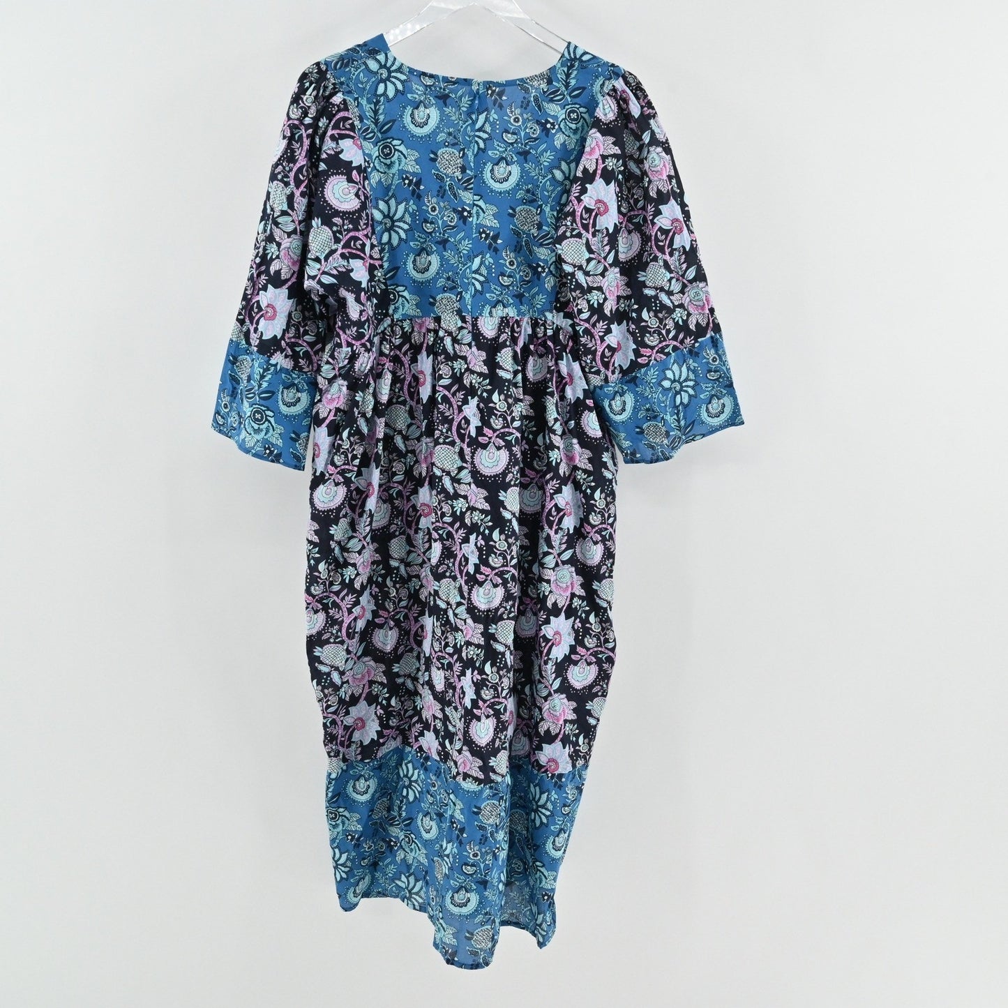 Millie Resort Travel Floral Dress Size L Blue Paisley Bohemian Cotton India Boho