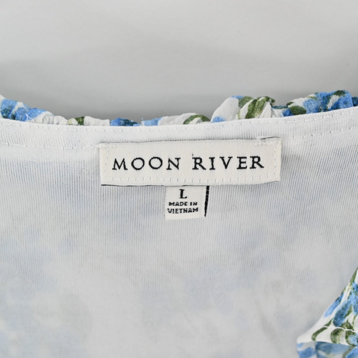 Moon River Ruffled Floral Print Maxi Dress Size L Blue Multi Sleeveless Cut Out