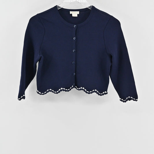 Shoshanna Womens Cardigan Sweater Sz S Navy Blue White Trim Scalloped Knit Crop