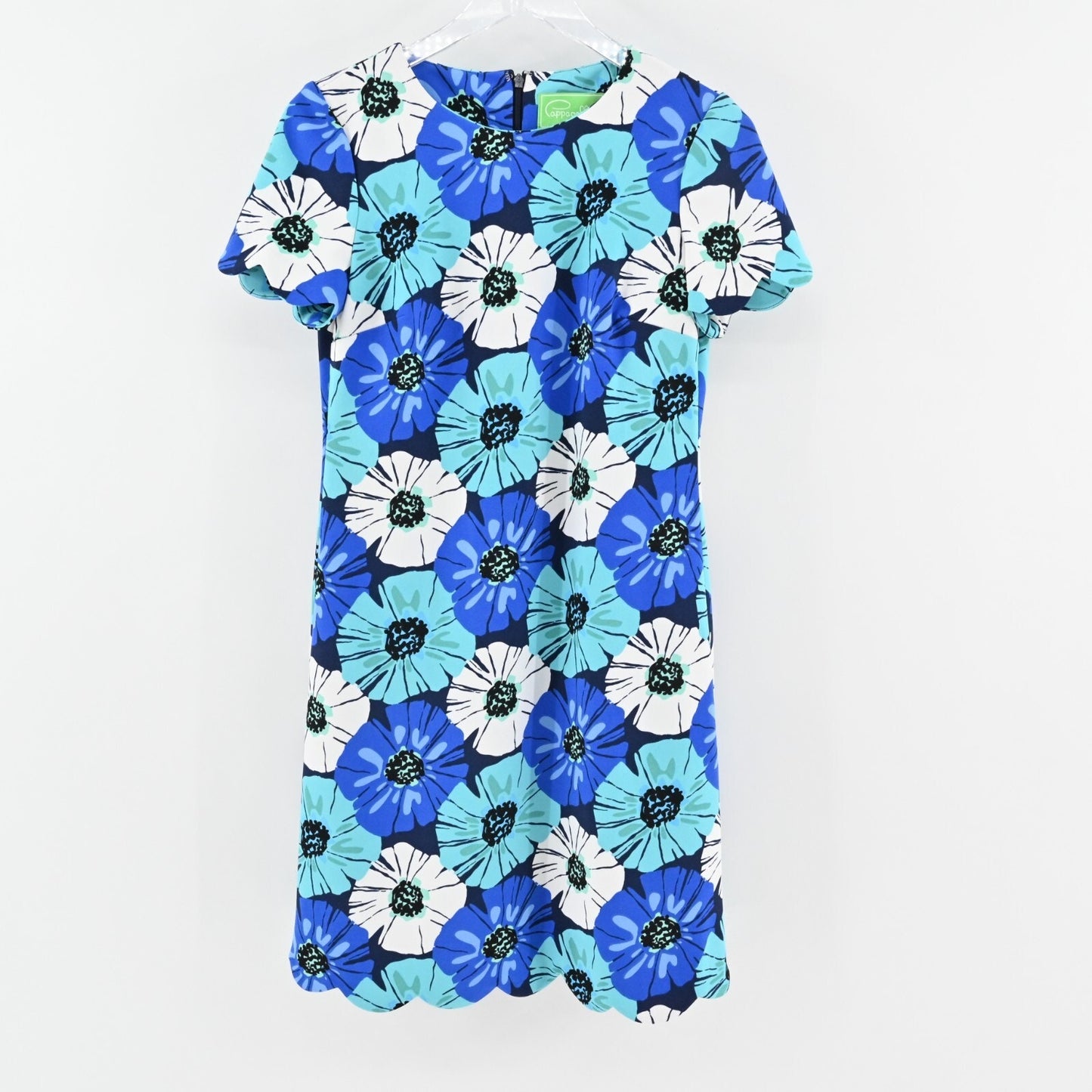 PAPPAGALLO Blue Floral Dress Size 2 Retro Scalloped Hem Sheath Mini Preppy