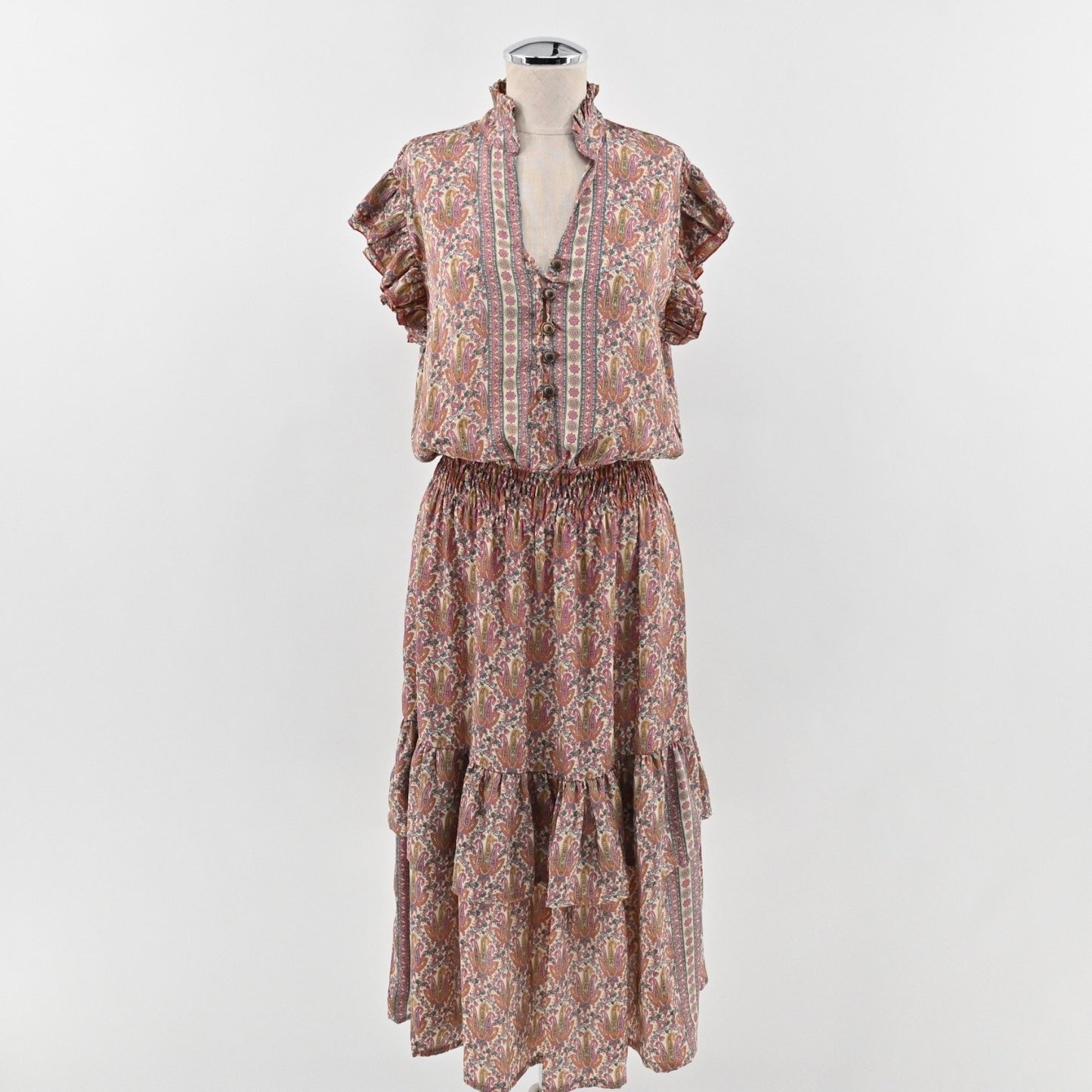 PERRY WALKER COLLECTIVE Cornelia Midi Dress Sz L Beige Paisley Silk Peasant Boho